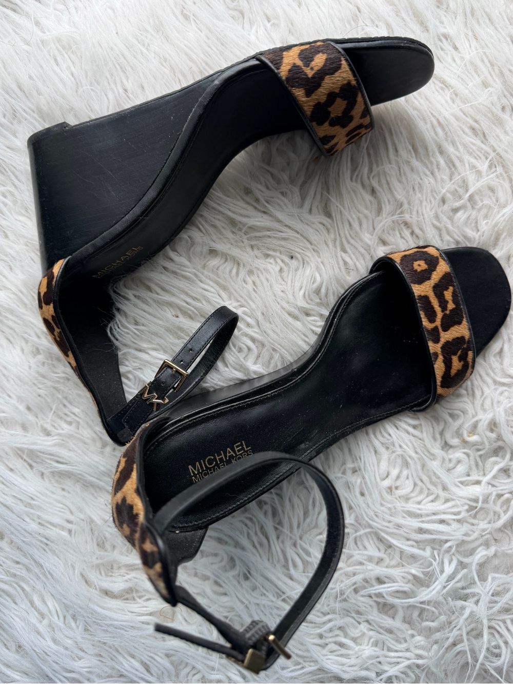 Michael Kors Leopard Calf Hair Wedge Sandals Black Gold Ankle Strap
